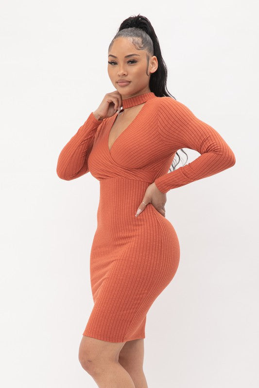 Knit Sweater Rib Front Choker Neck Long Sleeve Surplus Midi Dress
