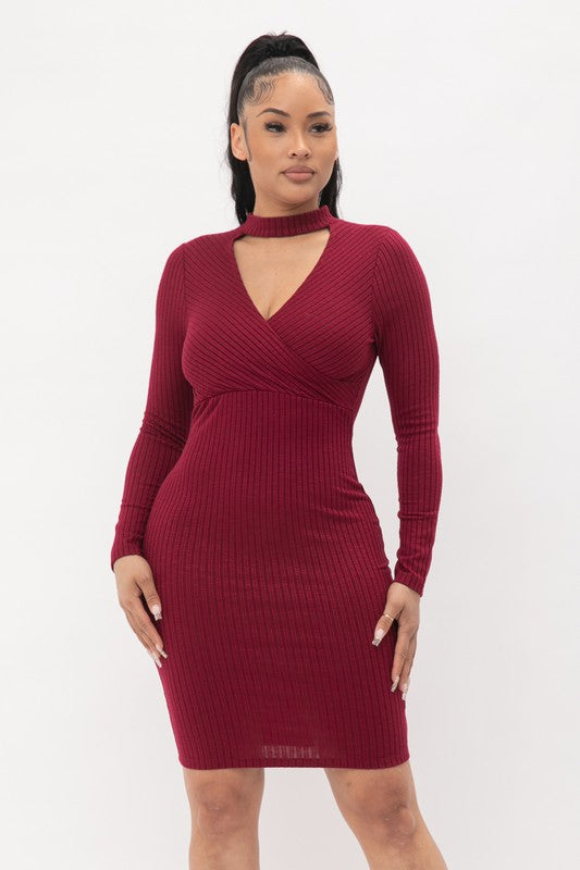 Knit Sweater Rib Front Choker Neck Long Sleeve Surplus Midi Dress