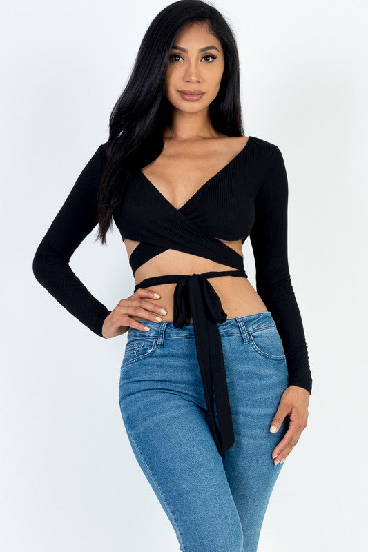 Black Cut Out Front Rib Knit Long Sleeve Crop Top
