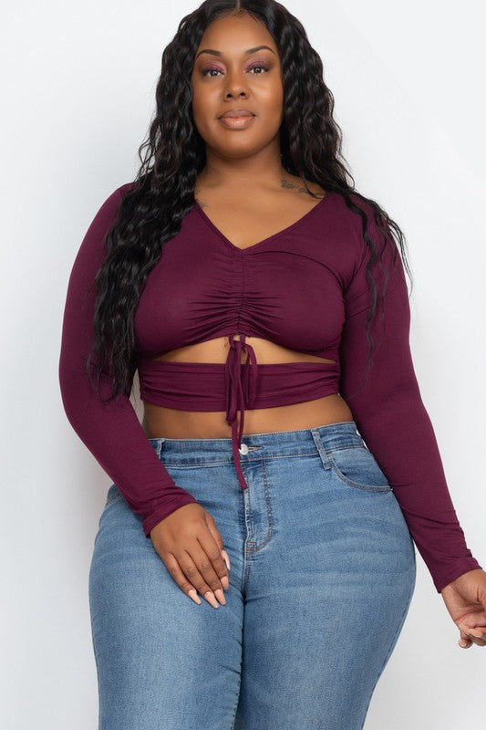 Plus Drawstring Ruched Cutout Front Crop Top
