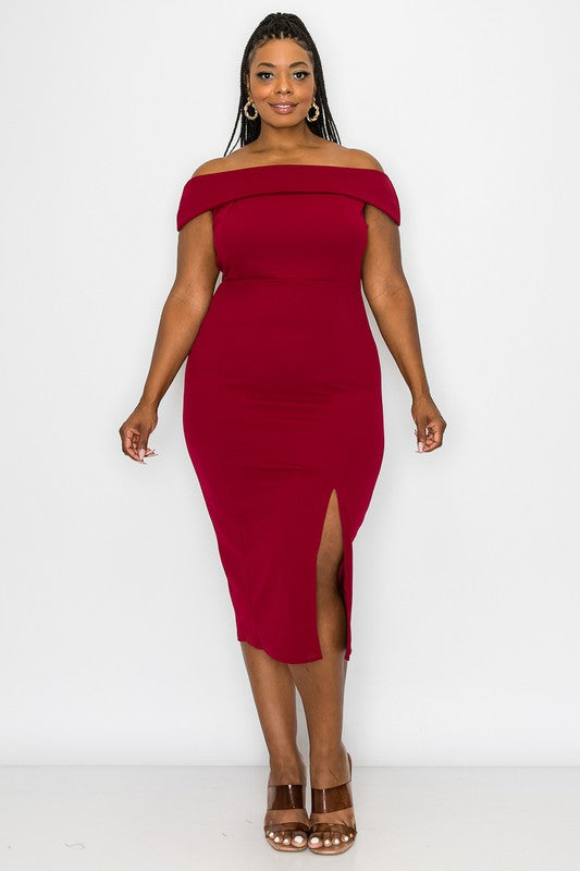 PLUS SOLID OFF SHOULDER BODYCON DRESS