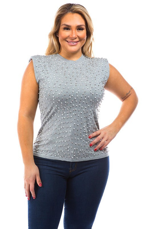 Plus pearl embellished sleeveless Tshirt