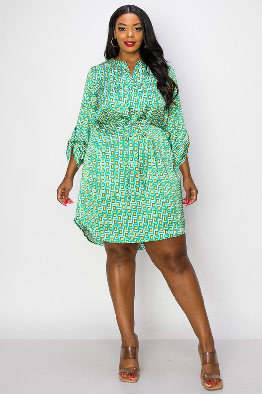 PLUS SIZE SATIN PRINT SHIRTS DRESS