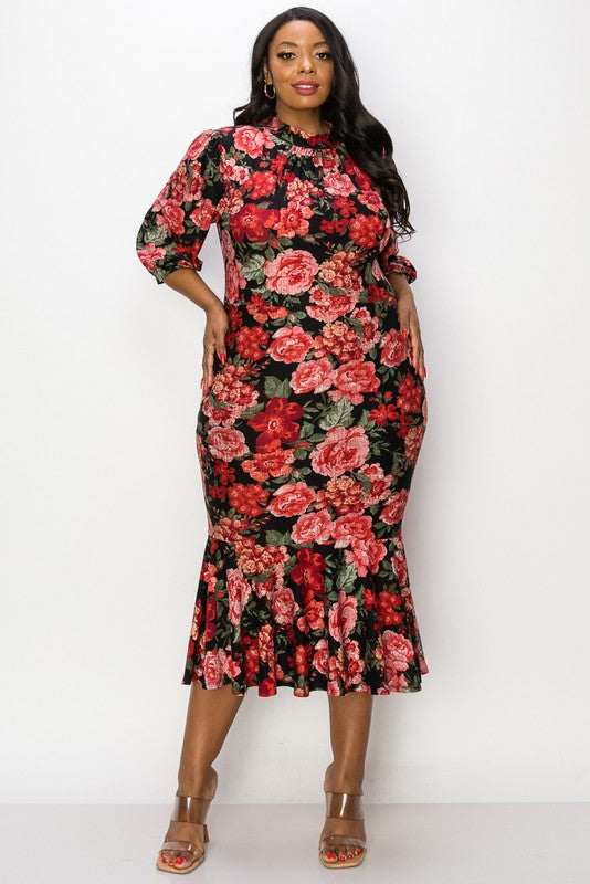 PLUS SIZE MOCK NECK SHORT SLEEVE MERMAID FLORAL DRESS