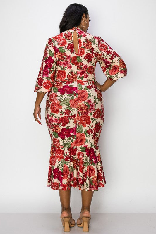 PLUS SIZE MOCK NECK SHORT SLEEVE MERMAID FLORAL DRESS