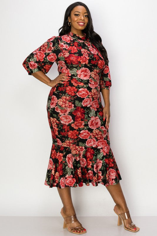 PLUS SIZE MOCK NECK SHORT SLEEVE MERMAID FLORAL DRESS
