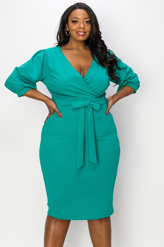 PLUS SIZE SURPLISE ELBO SLEEVE DRESS ANS SELF BELT