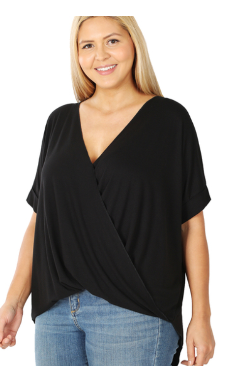 Rayon span crepe layered look draped front top