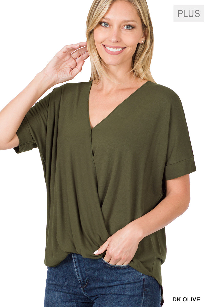 Rayon span crepe layered look draped front top