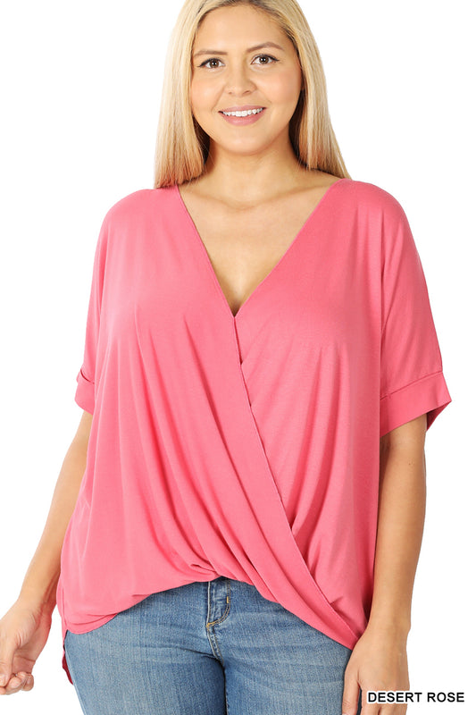 PLUS RAYON SPAN CREPE LAYERED-LOOK DRAPED FRONT TOP