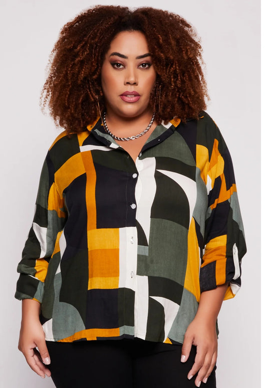 Plus Size Abstract Print Tabbed Sleeve Shirt
