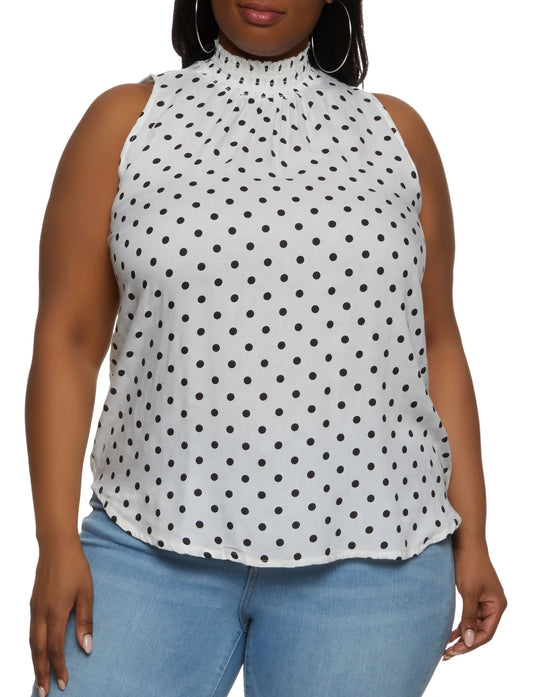 Plus Size Polka Dot Smocked Mock Neck Blouse