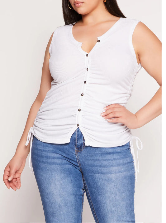 Plus Size Rib Knit Ruched Side Button Front Tank Top