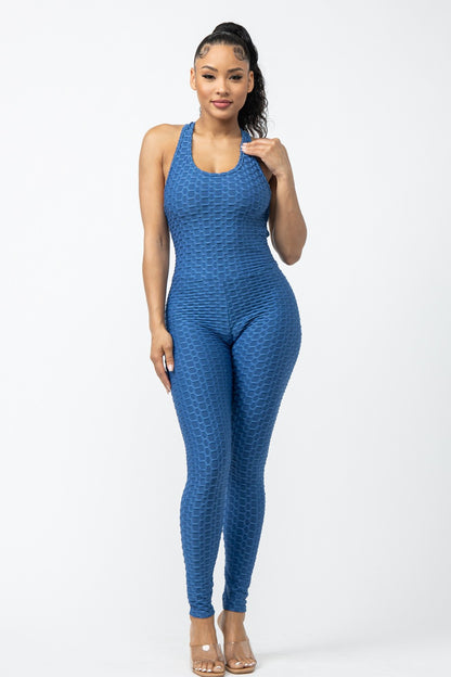 Honeycomb Jacquard Sleeveless Cross Back Jumpsuit