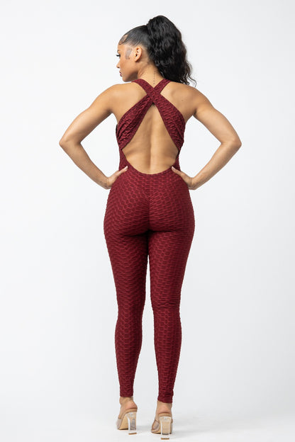 Honeycomb Jacquard Sleeveless Cross Back Jumpsuit