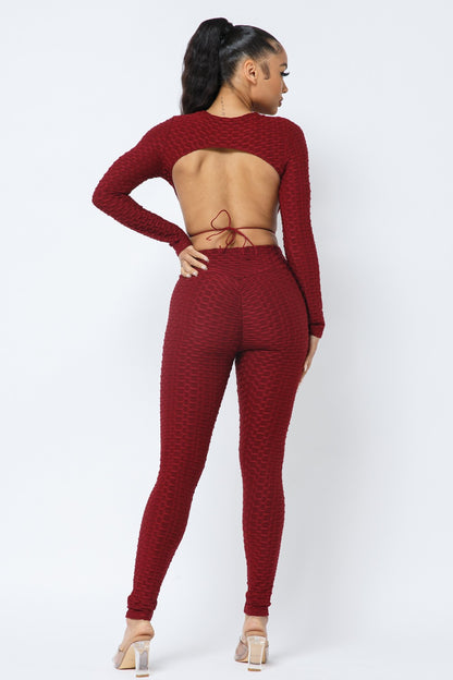 Open Back Tie Long Sleeve Top and Leggings Set