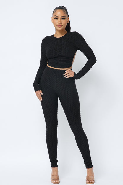 Open Back Tie Long Sleeve Top and Leggings Set