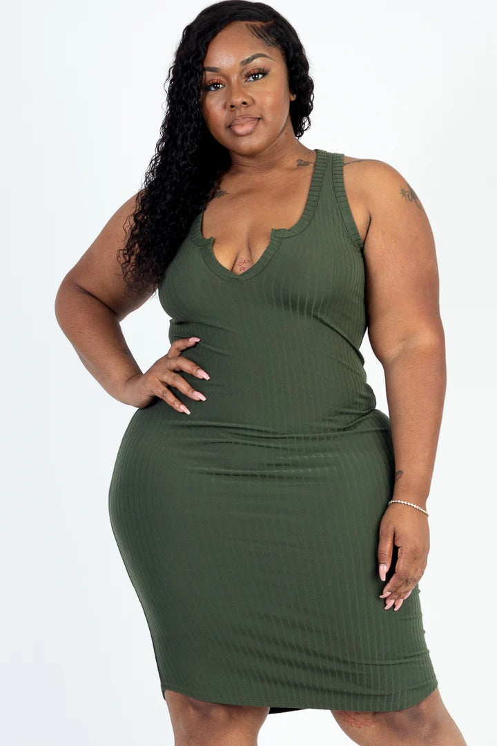 Plus size casual bodycon midi dress featuring a ribbed detail and split neckline