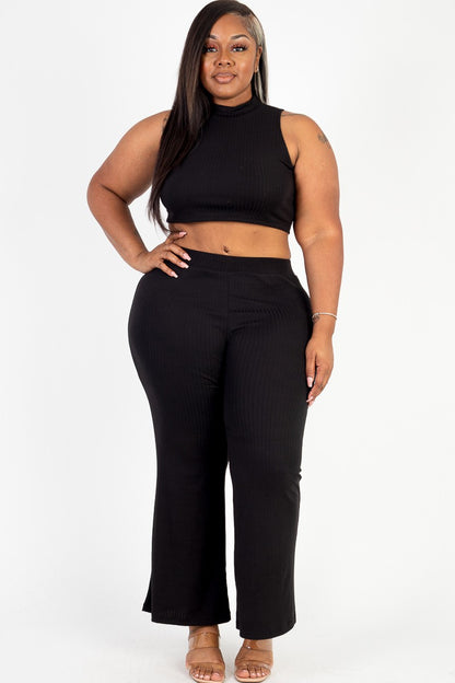 Plus Mock Neck Crop Tank Top& Bootcut Pants Set