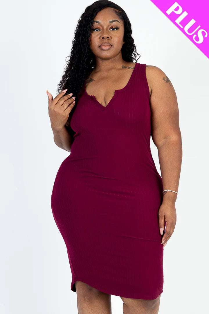 Plus size casual bodycon midi dress featuring a ribbed detail and split neckline