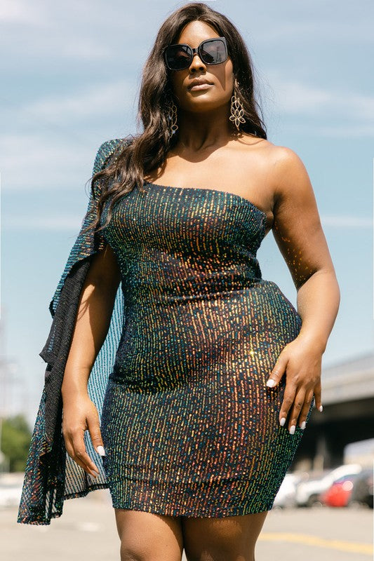 SEQUIN ONE SHOULDER PLUS SIZE MINI DRESS