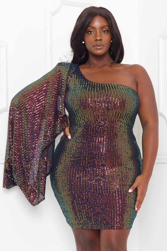 SEQUIN ONE SHOULDER PLUS SIZE MINI DRESS