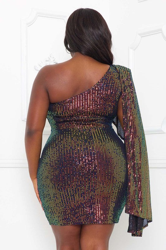 SEQUIN ONE SHOULDER PLUS SIZE MINI DRESS