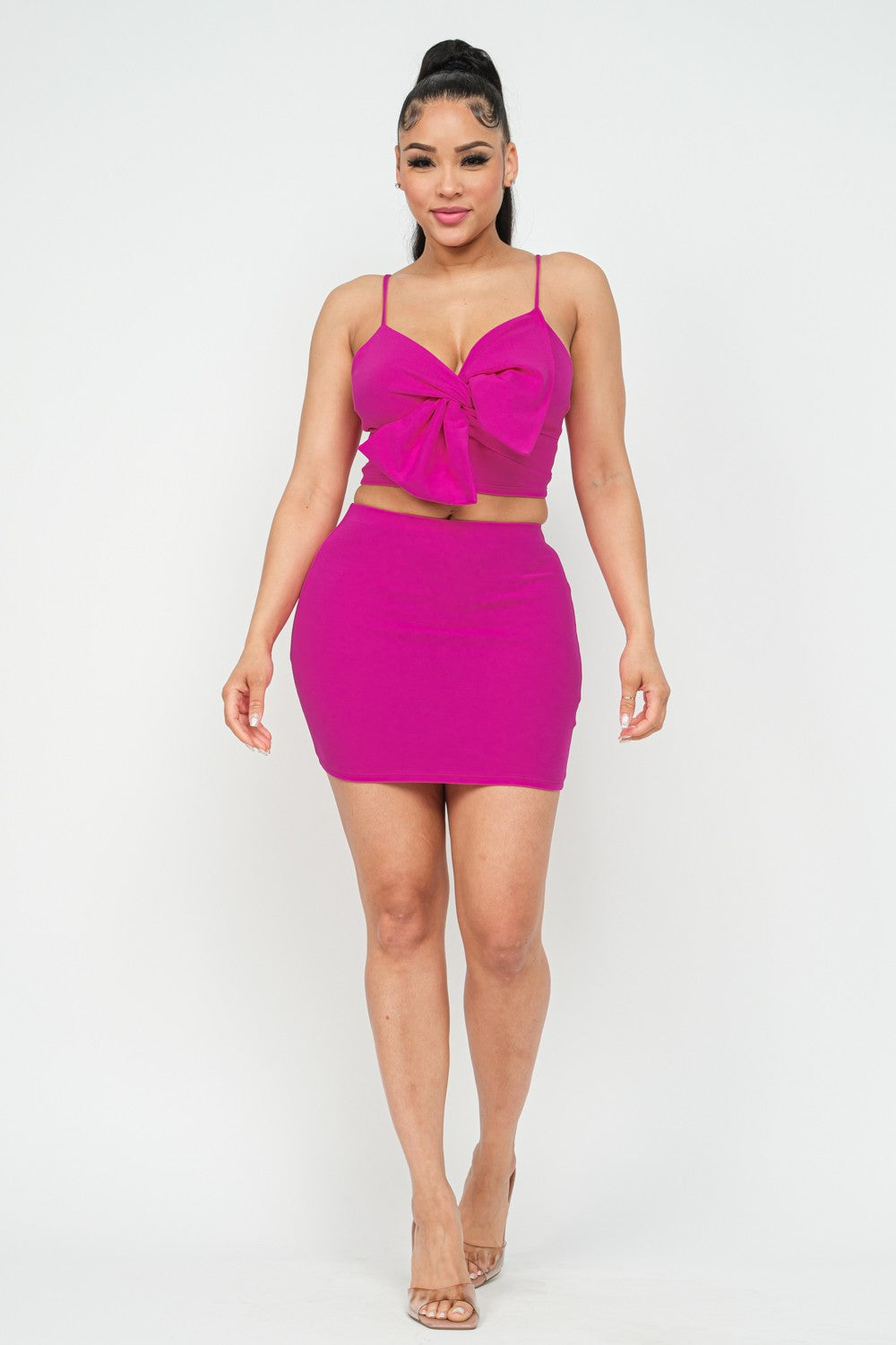 Front Oversized Ribbon Tie Top And Mini Skirt Set