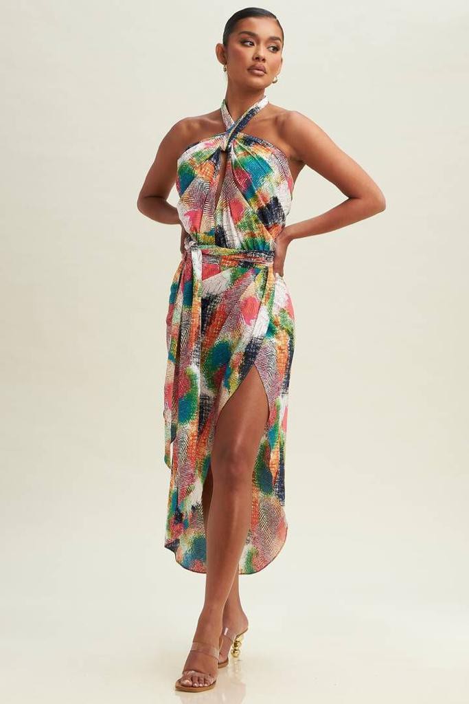 TROPICAL WRAP HALTER DRESS