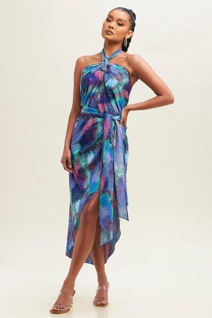 TROPICAL WRAP HALTER DRESS