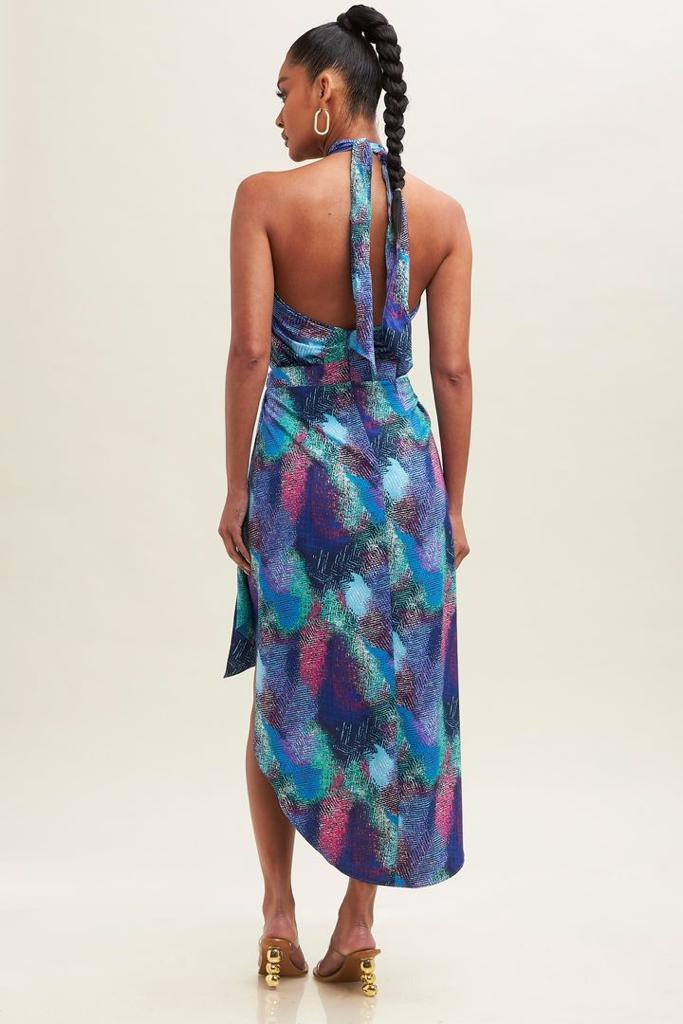 TROPICAL WRAP HALTER DRESS