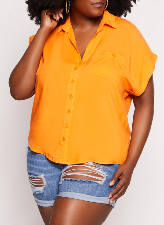 Plus Size Short Sleeve Button Front High Low Shirt