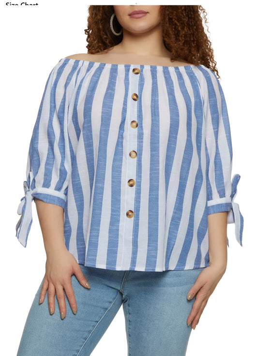 Plus Size Striped Faux Button Front Blouse