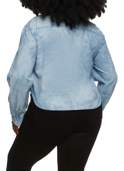 Plus Size Rhinestone Shoulder Denim Shirt