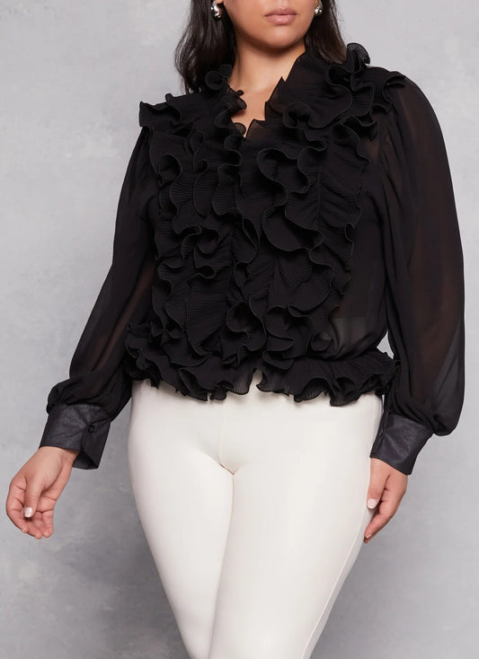 Plus Size Plisse Ruffle Chiffon Blouse