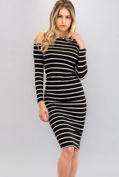 Striped Open Shoulder Bodycon Dress