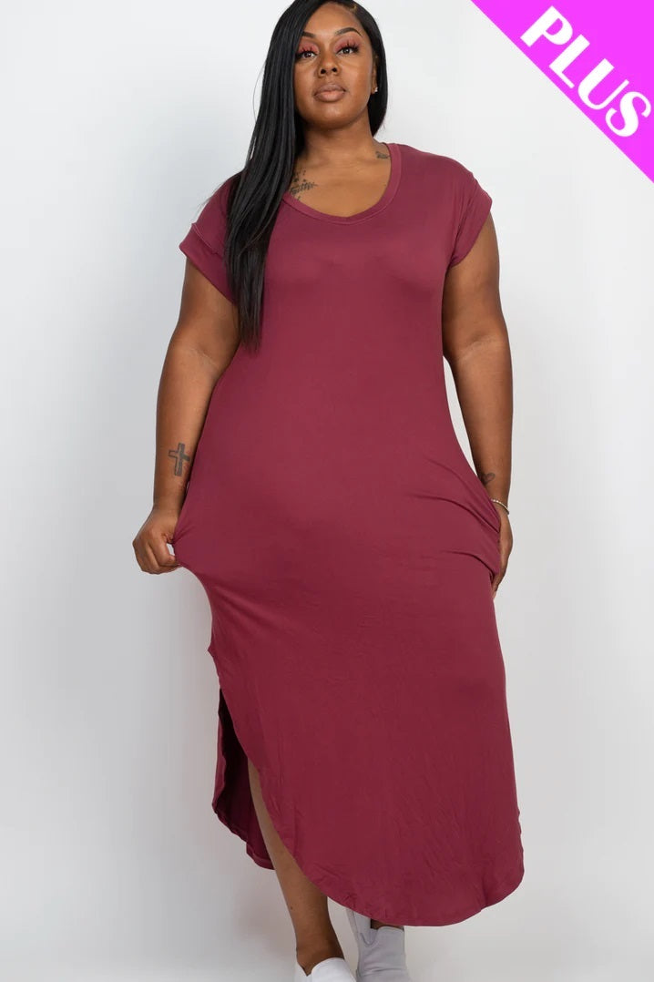 Plus cap sleeve V neck maxi dress featuring leg splits