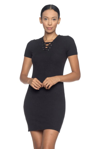 Ribbed Lace-up Short Sleeve Bodycon Mini Dress