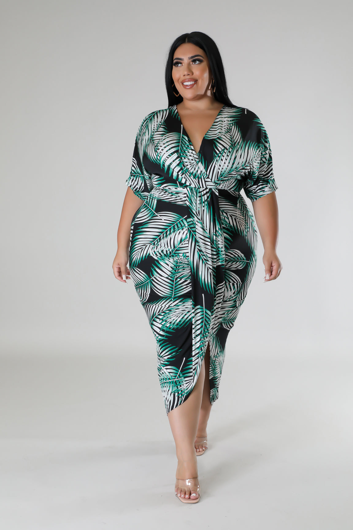 Palm leaves print plus dress