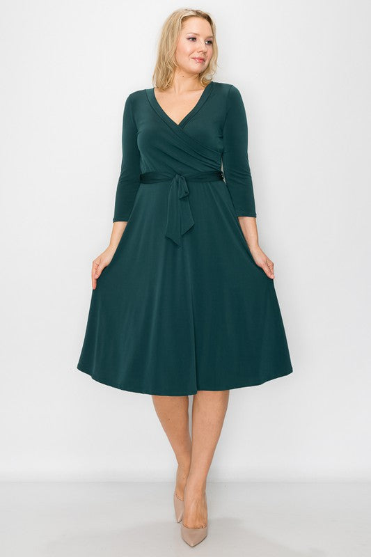 PLUS SOLID WRAP MIDI DRESS 3/4 SLEEVE.