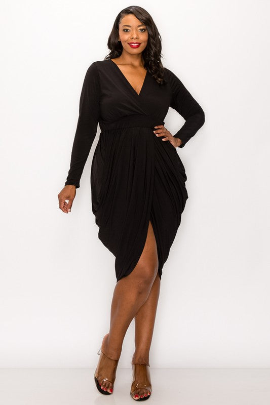 PLUS SOLID WRAP-STYLE DRAPED MIDI SURPLICE DRESS FEATURING SLIT AND THREE-QUARTER SLEEVES