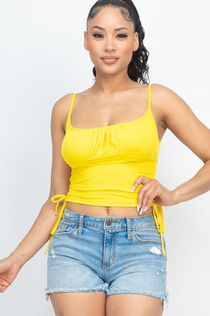 Ribbed front ruched and adjustable side string top