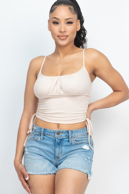 Ribbed front ruched and adjustable side string top