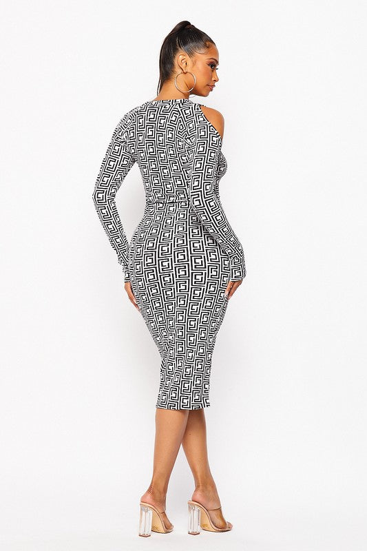 Printed long sleeve midi dress with shoulder cut outs