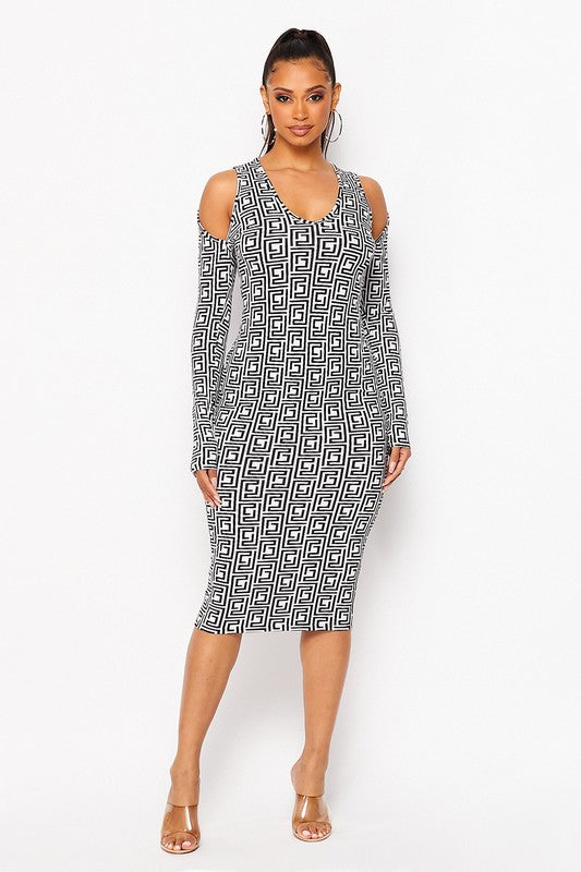 Printed long sleeve midi dress with shoulder cut outs