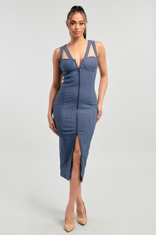 Denim zip front dress