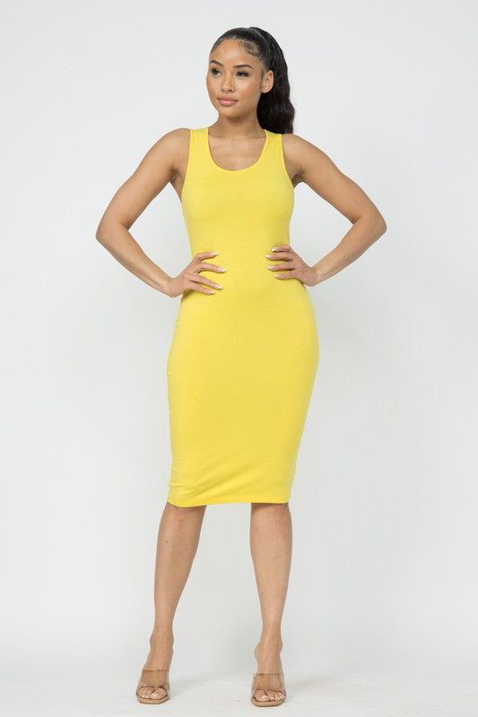 Cotton Spandex Solid Sleeveless Tank Midi Dress