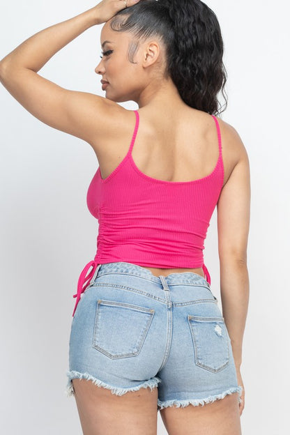 Ribbed front ruched and adjustable side string top