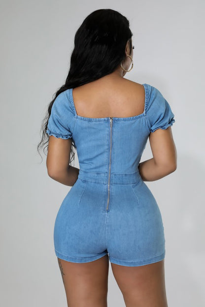 RUCHED OPEN FRONT DENIM ROMPER