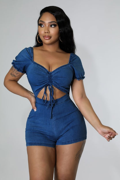 RUCHED OPEN FRONT DENIM ROMPER